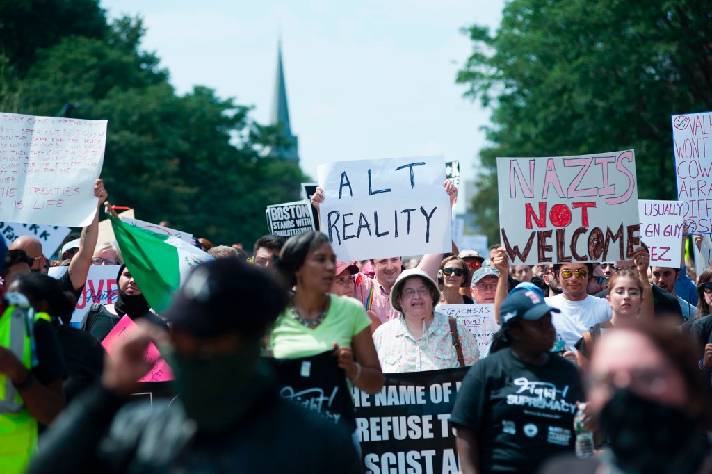 Protesters gather in Boston on August 19 to rally against white supremacists and racists