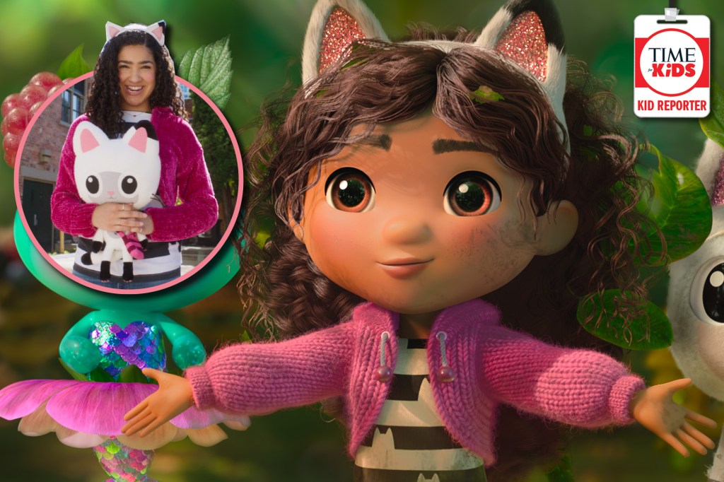 A still image of Gabby from Gabby's Dollhouse: The Movie. Inset: actress Laila Lockhart Kraner dressed as Gabby holding a white plush cat