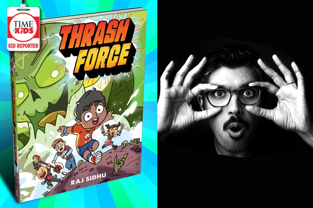 Left: the book Thrash Force with a Kid Reporter badge in the top left corner. Right: a man against a black background holding his glasses like binoculars