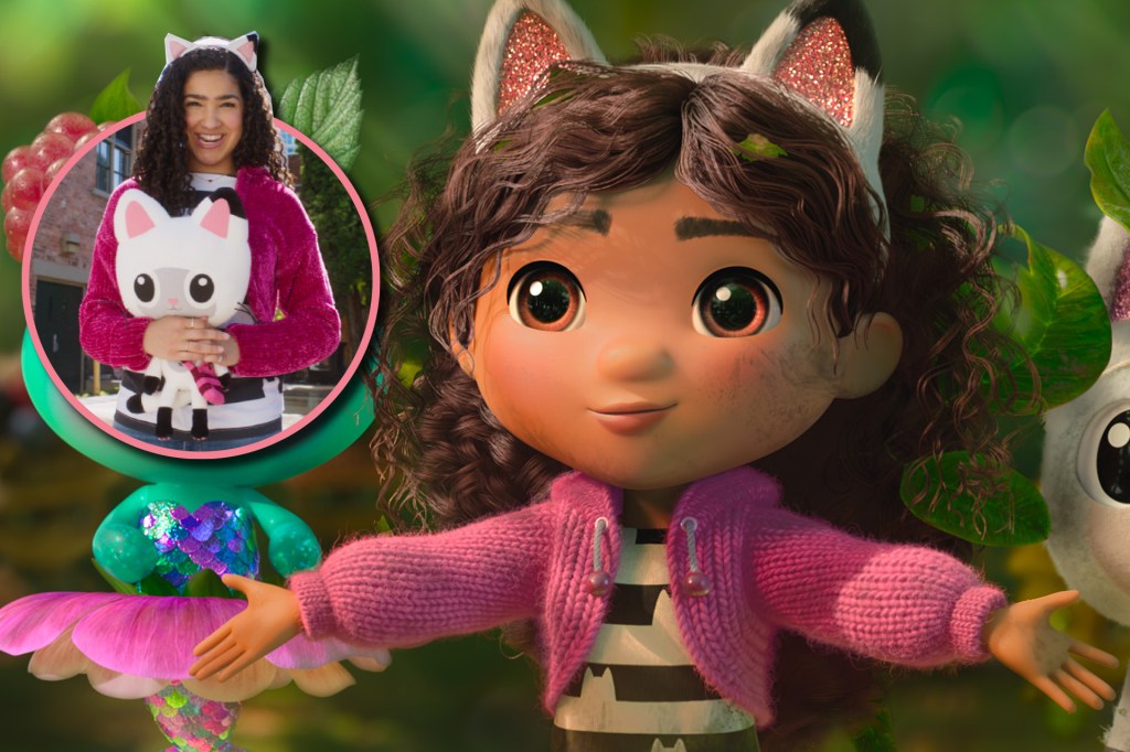 A still image of Gabby from Gabby's Dollhouse: The Movie. Inset: actress Laila Lockhart Kraner dressed as Gabby holding a white plush cat