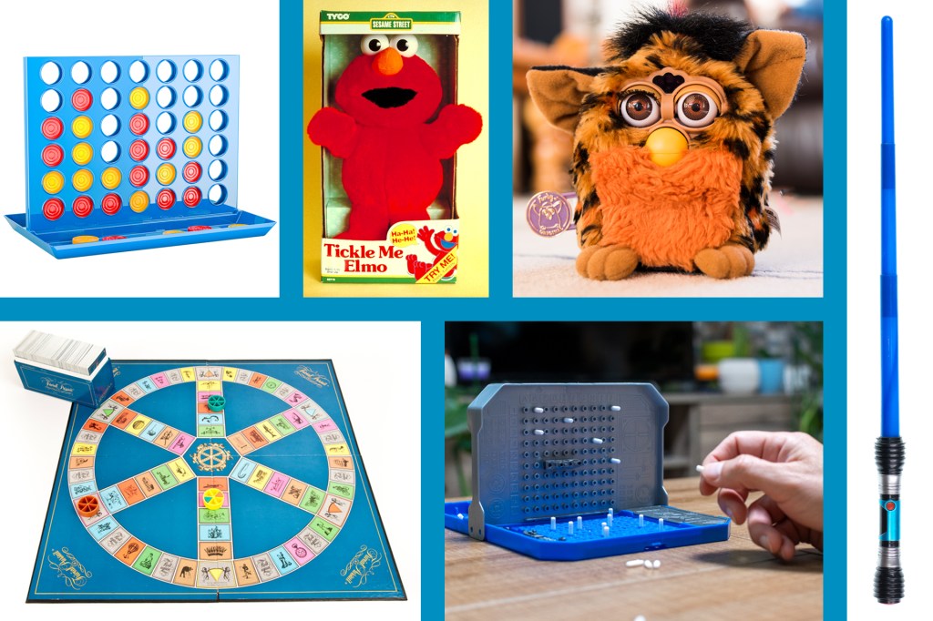 Images of toys: Connect Four, Tickle Me Elmo, a Furby, Trivial Pursuit, Battleship, and a light saber
