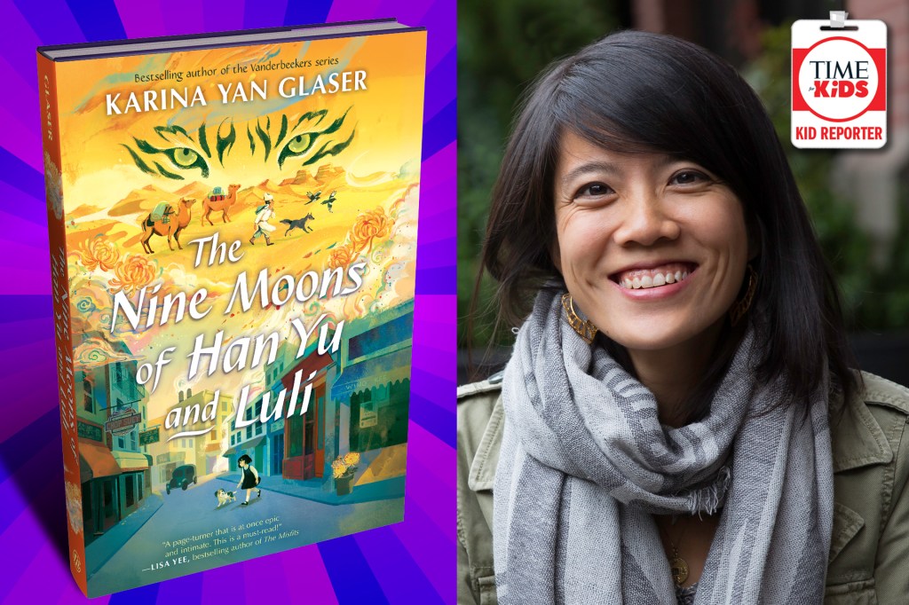 Split image showing the book The Nine Moons of Han Yu and Luli by Karina Yan Glaser on the left, and a smiling woman wearing a scarf on the right with a TIME for Kids Kid Reporter badge in the corner.