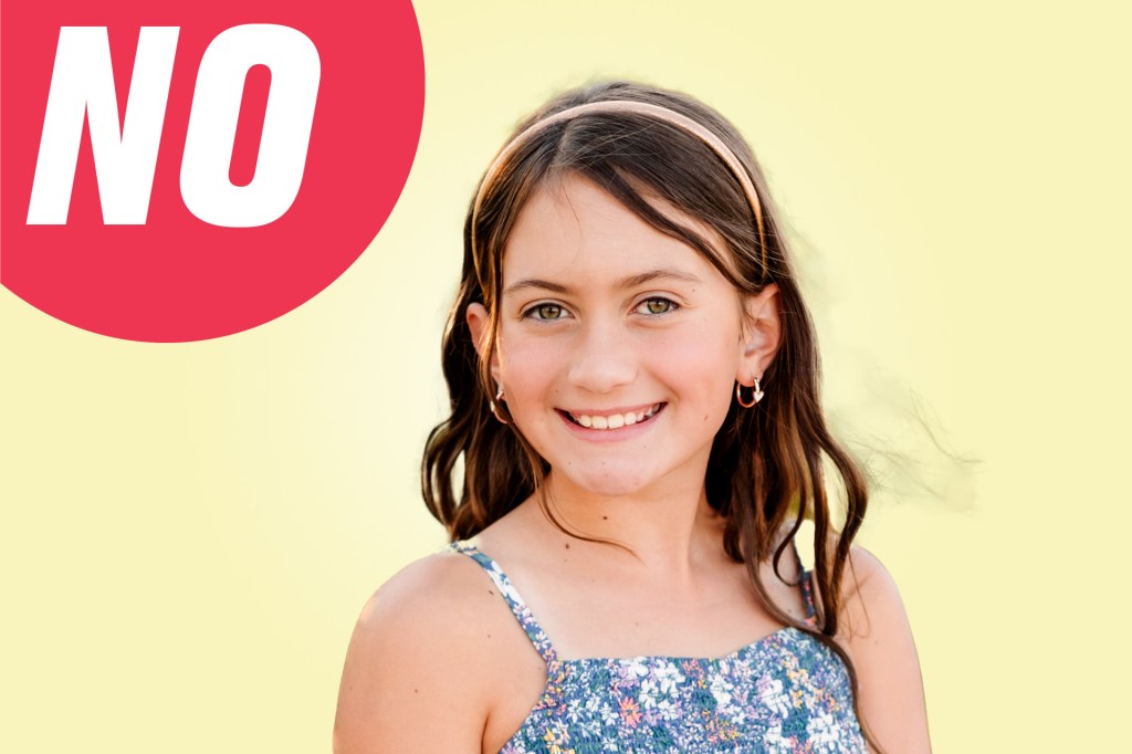 Portrait of a smiling girl in a floral dress against a yellow background with a red circle labeled “NO.”