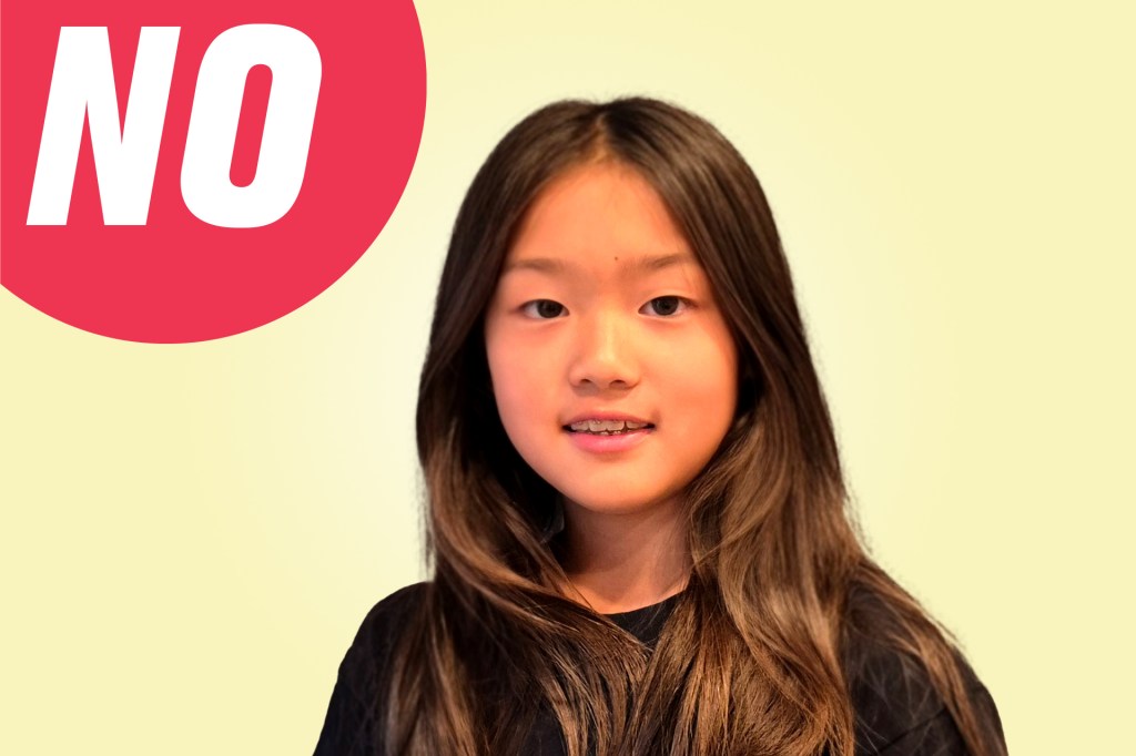 Portrait of a smiling girl with long dark hair against a yellow background with a red circle labeled “NO.”