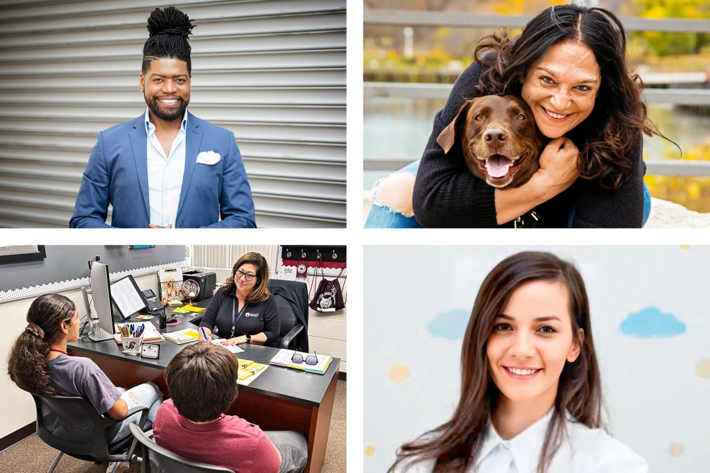 A collage of four photos shows different professionals: a smiling man in a blue suit, a woman hugging a brown dog outdoors, a school counselor talking with two students at her desk, and a woman in a white blouse smiling in front of a light background with colorful circles.