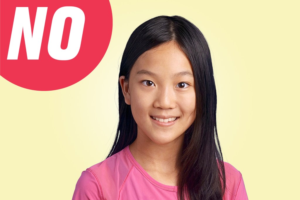 Portrait of a smiling girl with dark hair in a pink shirt against a yellow background with a red circle labeled “NO.”