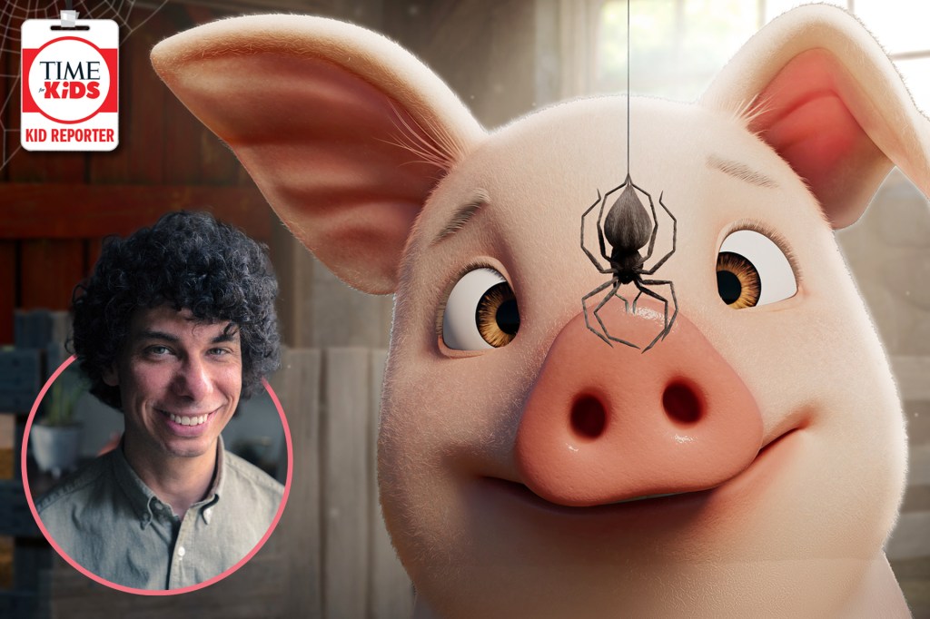 A close-up of a smiling animated pig looking at a spider hanging from a thread in front of its nose, referencing Charlotte’s Web. In the corner is a circular photo of a person smiling, and a TIME for Kids “Kid Reporter” badge appears in the top left corner.
