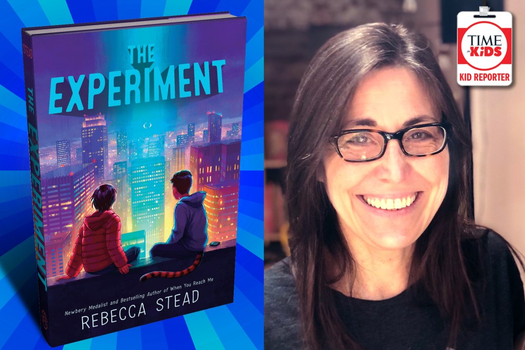 A split image showing the book The Experiment by Rebecca Stead on the left, with an illustrated cover of two kids sitting on a rooftop overlooking a glowing city, and a smiling woman with glasses on the right beside a TIME for Kids Kid Reporter badge.